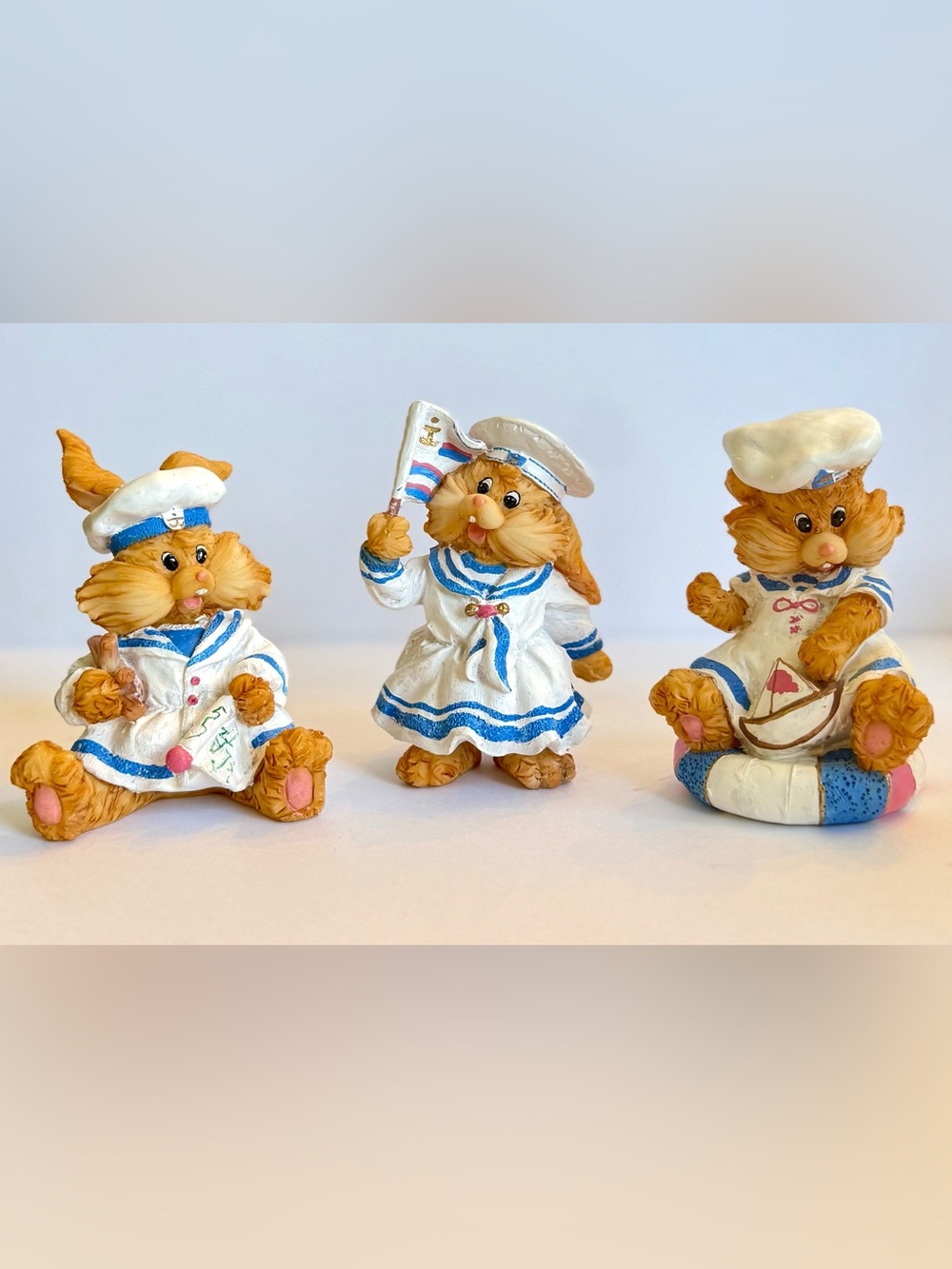 Lot of 3 Sailor Bunny Vtg Figurine in White and Blue Knick Knacks